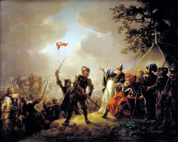 Даннеброг спускается на землю во время битвы при Линданисе 